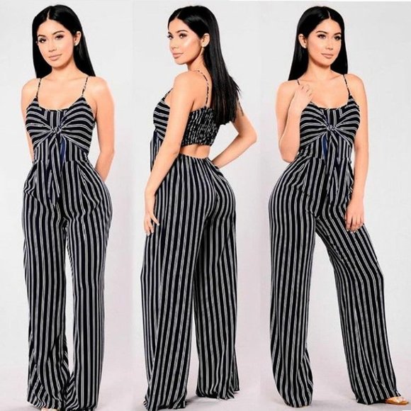 Navy Blue & White Striped Sleeveless Jumpsuit Tank - Picture 12 of 16